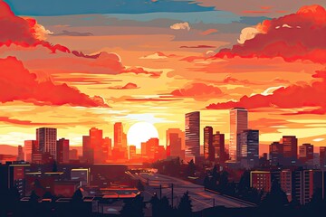 City scenic sunset with outlines of city buildings  - obrazy, fototapety, plakaty