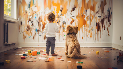 Boy and his dog looking at a wall full of children's doodles and paintings. Messy living room. Concept of children's creativity and mischief of kids and pets. Generative ai - obrazy, fototapety, plakaty