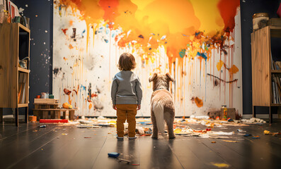 Children's mischief and pets' mischief. Boy and his dog in a room full of doodles and graffiti on the wall. Pranks. Generative ai - obrazy, fototapety, plakaty
