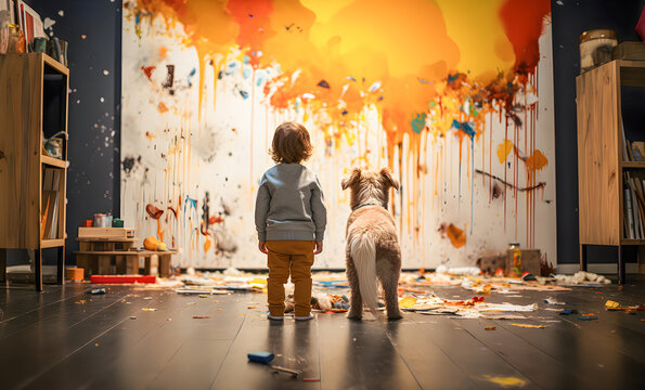 Children's mischief and pets' mischief. Boy and his dog in a room full of doodles and graffiti on the wall. Pranks. Generative ai