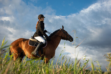 Horsewoman in equestrian sports gear, riding a horse, against an expressive sky, horseback riding in the open air - 654452154