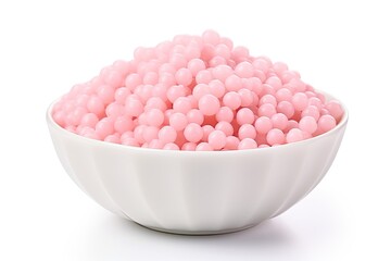White background isolates tapioca pearls for bubble tea mix in bowl with fruit pearls