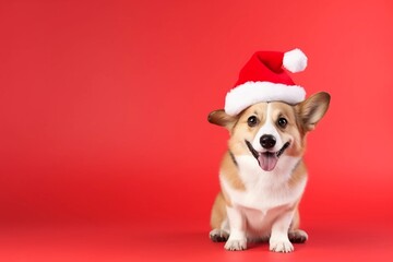 Happy cute corgi dog in Santa Claus hat on red background with copy space. Christmas and New Year celebration concept.