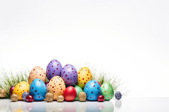 White background with Easter eggs and space for text