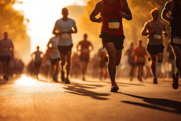A dynamic image that captures the energy and movement of a group of marathon runners racing through city streets in the early morning sun. - obrazy, fototapety, plakaty