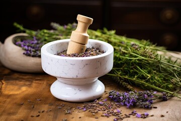 White ceramic mortar and pestle used for healing herbs