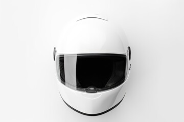 White flat lay background with motorcycle helmet