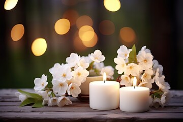 White flowering branch and 3 candle lights in a garden contemplative atmosphere background with floral concept and burning candles