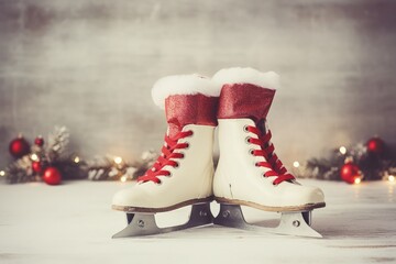 White ice skates and Santa hat with vintage background - obrazy, fototapety, plakaty