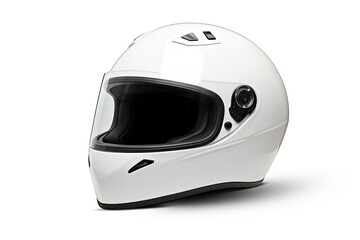 White motorbike helmet isolated on white background representing motorsport safety