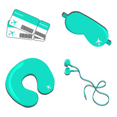 Travel mini set turquoise, ravel, turquoise, sleep mask, plane, travel pillow, headphones, tickets, passport, suitcases.