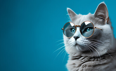 Grey cat in glasses looking to side at blank copy space on blue background