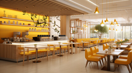 Design a modern and inviting tea cafe interior located within a shopping mall, featuring wooden chairs and stunning pendant lights. Create a wide and open layout that caters to mall-goers looking for 