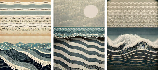 Set of vintage illustrations of sea waves and clouds - obrazy, fototapety, plakaty
