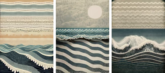 Fototapeten Set of vintage illustrations of sea waves and clouds © nordlicht