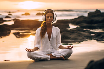 Fototapeta premium Young woman in headphones on the seashore doing meditation and yoga