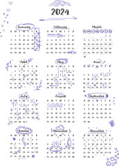 Calendar 2024, all month on one page, week starts on Sunday. Transparent background. Doodle style.