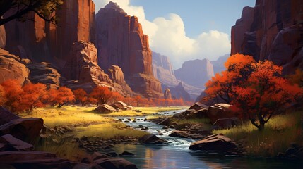 : A tranquil river winding its way through a rugged canyon, surrounded by towering cliffs and vibrant foliage.