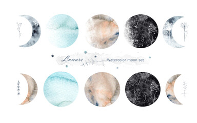 Collection of moons and moon phases in watercolor texture. Light blue, pink and black shades, isolated on white. Elements for designers, posters, cards and other decor. - obrazy, fototapety, plakaty