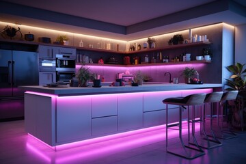 Modern kitchen with a bar counter and neon lighting - obrazy, fototapety, plakaty