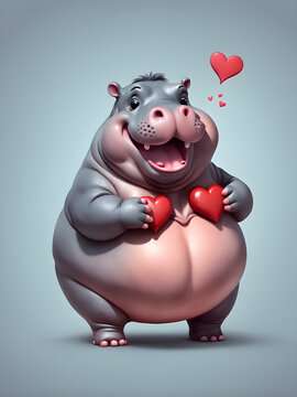 fat hippopotamus holding a heart on blue background
