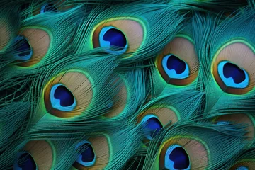 Stof per meter Beautiful bright background of peacock feathers, peacock feathers on a dark background © pundapanda