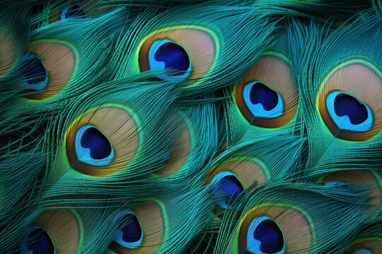 Fototapeta Beautiful bright background of peacock feathers, peacock feathers on a dark background