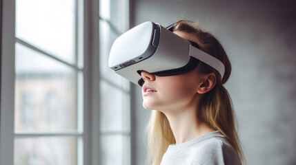 A woman gets experience using virtual reality glasses VR headset at home against the background of a window.