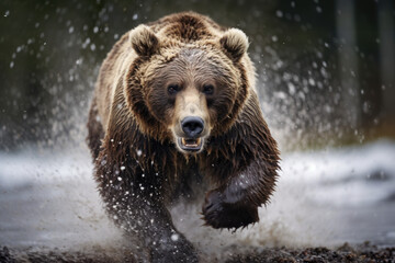 ours brun en train de charger de face dans une rivière - obrazy, fototapety, plakaty