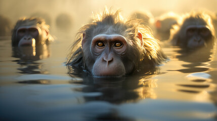 tête de singe en gros plan dans la rivière, autres singes en arrière plan - obrazy, fototapety, plakaty