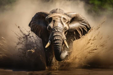 Foto op Aluminium éléphant d'Afrique en train de charger de face dans une eau boueuse © Sébastien Jouve
