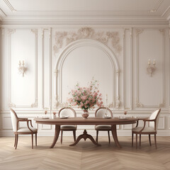 Fototapeta na wymiar Victorian dining room interior design, dining room interior mockup, 3d render illustration mockup