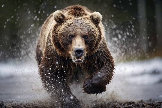 ours brun en train de charger de face dans une rivière
