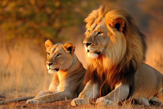 Two majestic lions sitting together in the wild