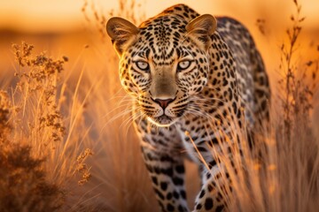 A majestic leopard striding through a golden grass field - obrazy, fototapety, plakaty