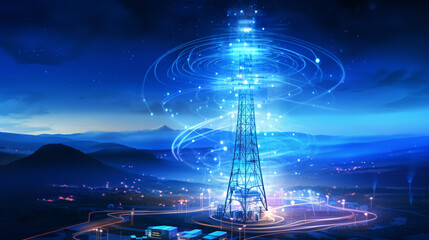 The communication station, standing tall, facilitates wireless connections through its network of antennas.. - obrazy, fototapety, plakaty