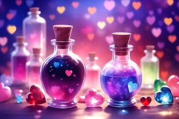 Obraz na płótnie Canvas love magic elixir, love potion, pheromones, hearts bokeh