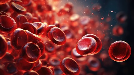 Red blood cells, circulating in blood vessels and veins, human macro blood cells move in one direction. Dark medical capsules banner background, 3d rendering - obrazy, fototapety, plakaty