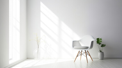 A white chair stands in a white room near the window.