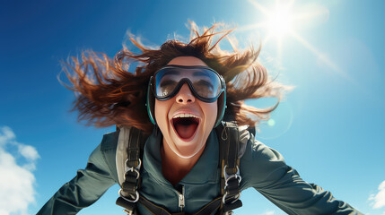 Emotional portrait of a surprised and joyful young woman flying in the sky after a parachute jump. Extreme sport for adults. 
