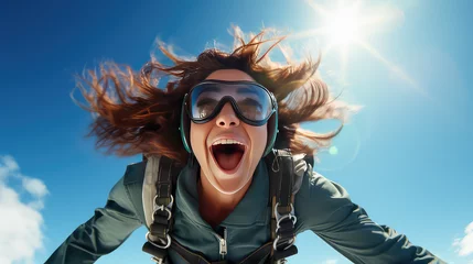 Tuinposter Emotional portrait of a surprised and joyful young woman flying in the sky after a parachute jump. Extreme sport for adults.  © SnowElf