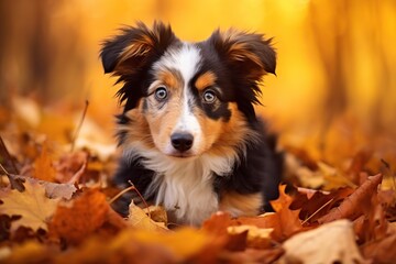 Cute dog in autumn leaves. Generative AI
