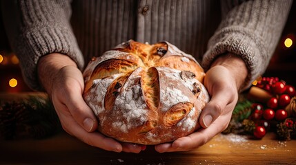Man's hands holding and presenting freshly baked panettone on wooden table and Christmas elements. Generative AI.