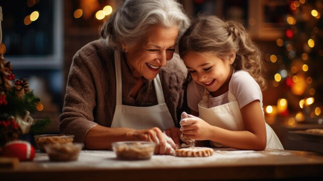 Happy girl with her grandmother baking Christmas gingerbread cookies on the background of a New Year's kitchen in winter holiday decorations with a Christmas tree, candles with copy space