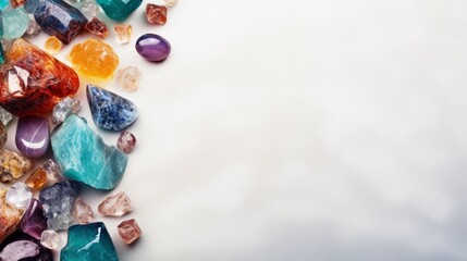 variously minerals and gems, top view, bright light, minimalistic, light gold marble table background