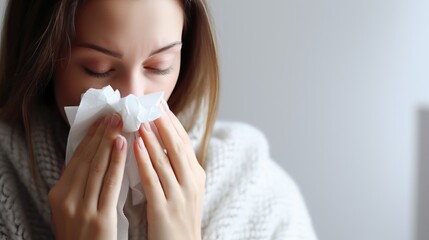 Blonde woman in a knitted sweater close-up portrait sick sneezes coughing into a tissue on a light background with copy space, unhealthy patient with flu blowing nose into napkin, allergy cold symptom - obrazy, fototapety, plakaty