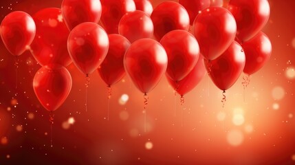 Red helium balloons with confetti serpentine ribbons on red blurred golden bokeh background horizontal banner for agency organizing holidays with copy space, birthday anniversary card