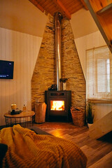 Cozy living room with a wood-burning stove, TV, aesthetic decor. Modern meets traditional, offering warmth and relaxation