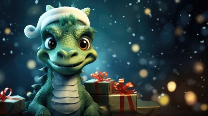 Сute baby dino with Christmas gifts. Cartoon green dragon in a dark blurry forest. Bokeh greeting card concept for Chinese New Year 2024 with copy space for text