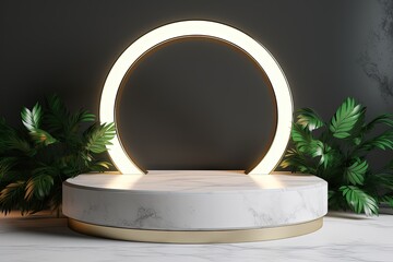 White neon ring on marble display podium